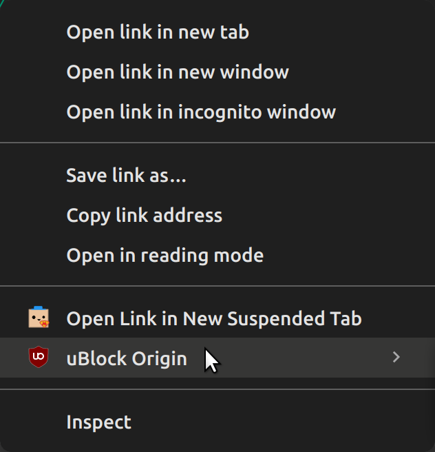 A screenshot showing a user with their mouse hovering over the “uBlock Origin” sub-menu of the menu which appeared when right-clicking the link above