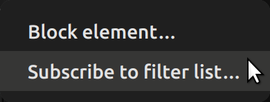 A screenshot showing a user with their mouse hovering over the “Subscribe to Filter List...” option of the “uBlock Origin” sub-menu mentioned above